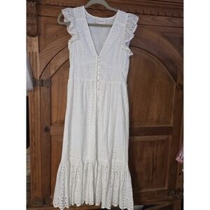 Cleobella Briella Midi Dress S Womens White Eyelet Ruffle Tiered Hem Organic